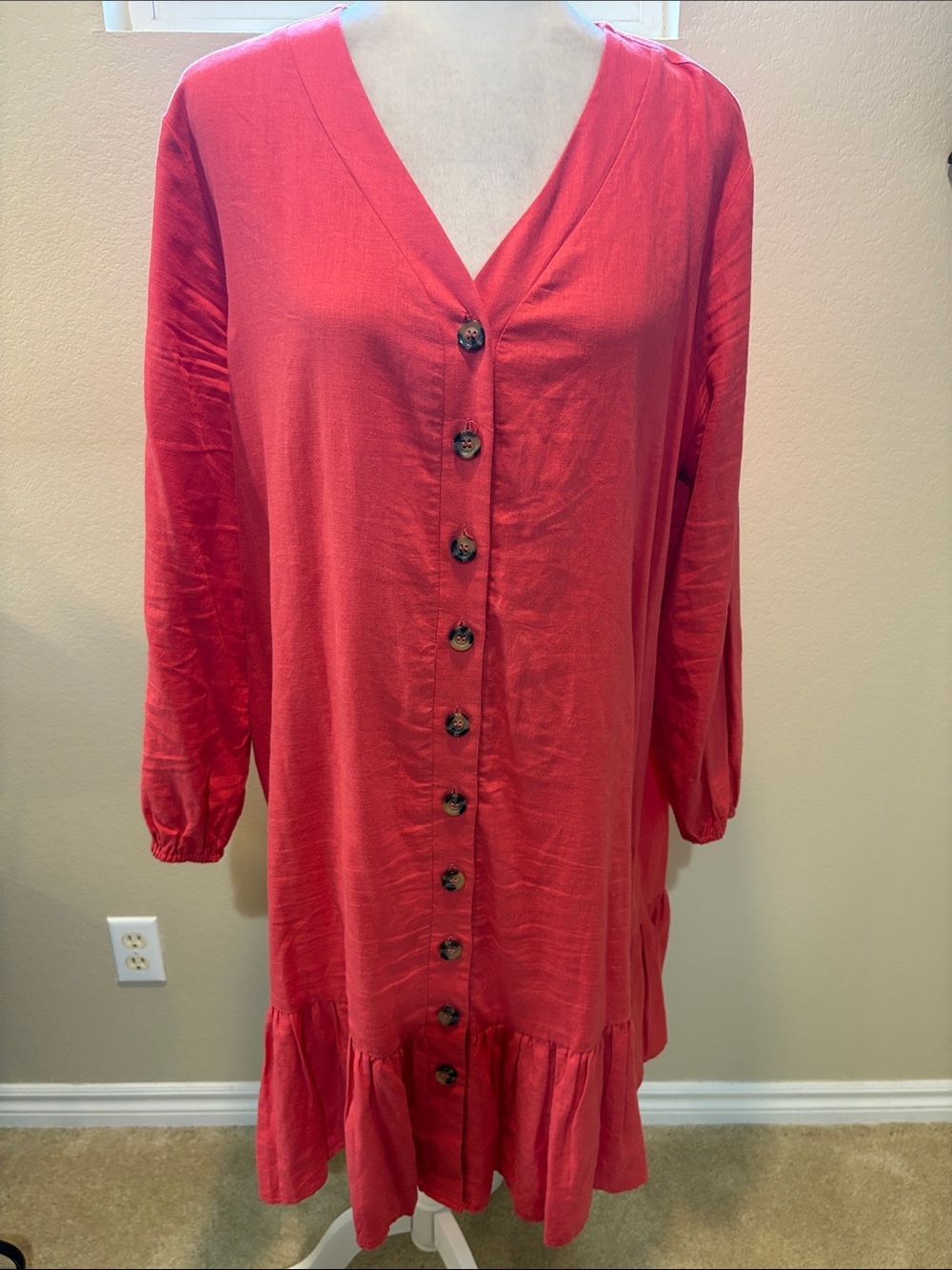Chelsea & Theodore Button-Front V-Neck Long Sleeve Dress